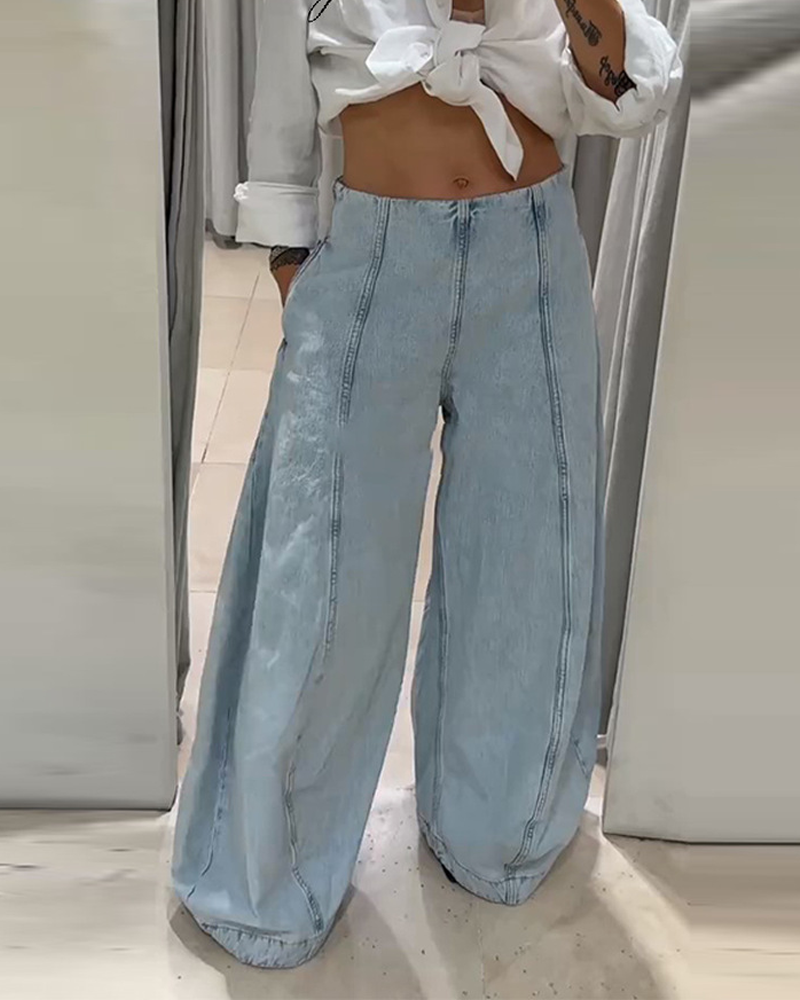 Retro Distressed Light-Colored Wide-Leg Trousers High-Waisted Balloon Style Jeans