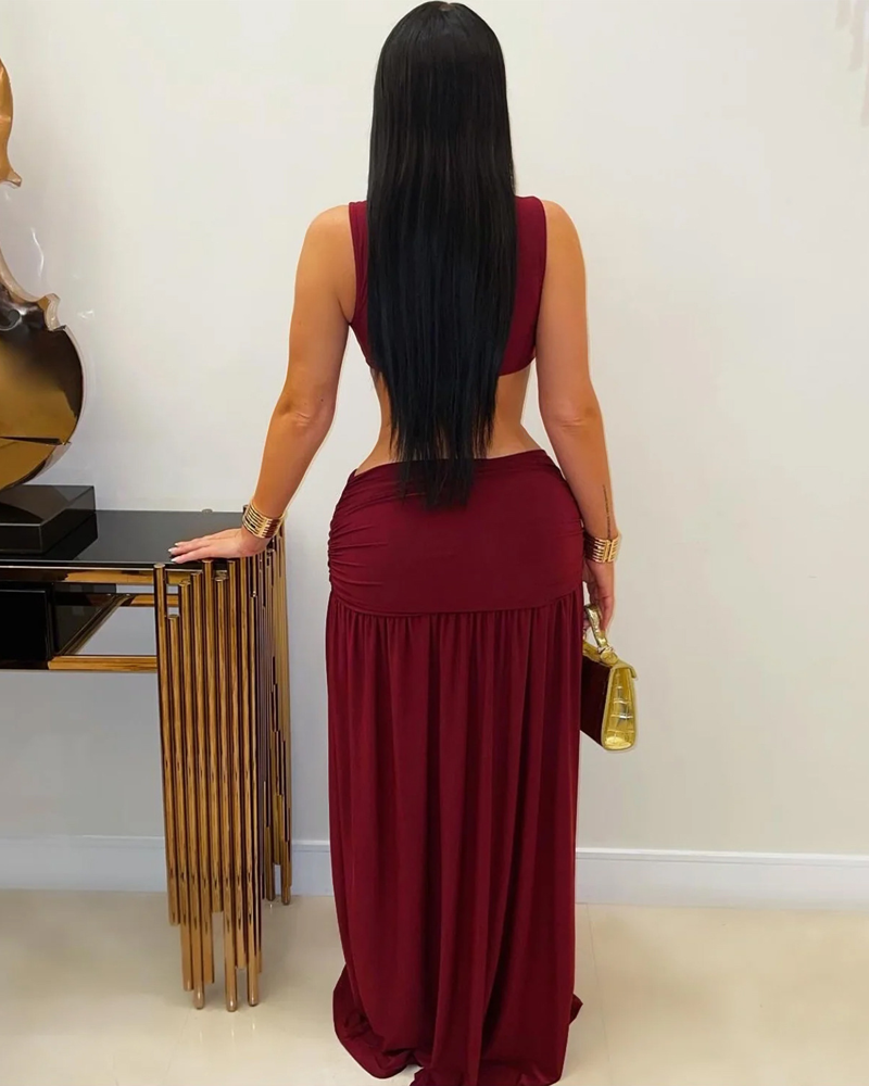 Solid Color Sleeveless Cropped Slit Dress