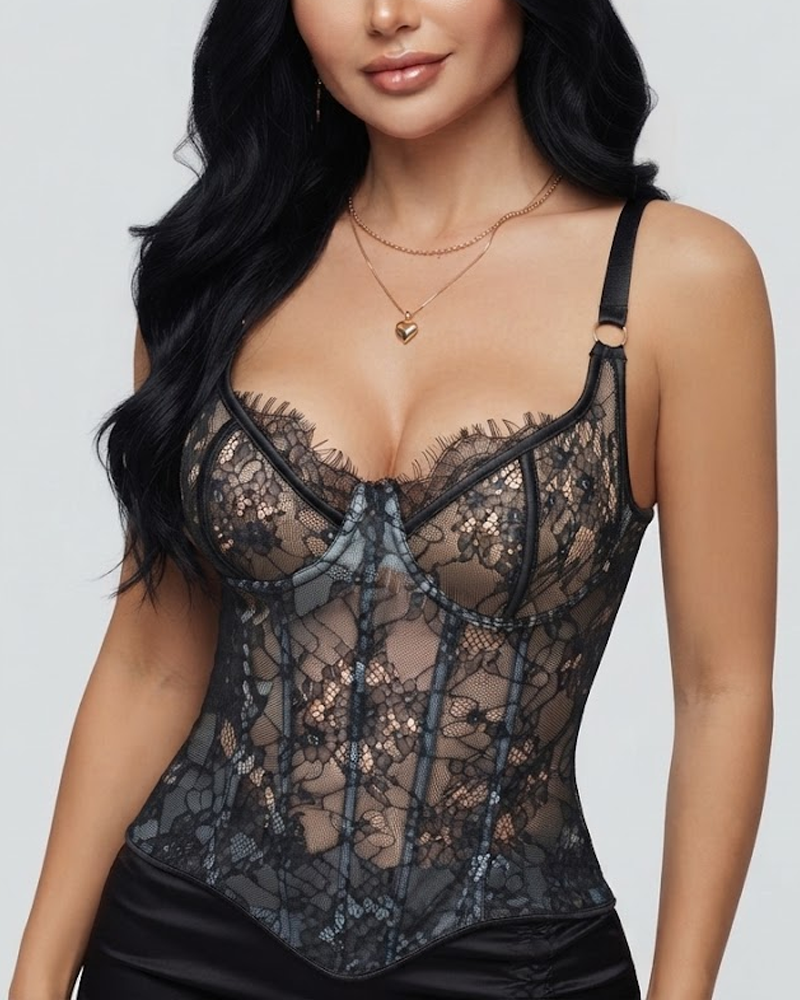 Lace Eyelash Adjustable Strap Back Lace‑Up Waist Cincher Corset Top
