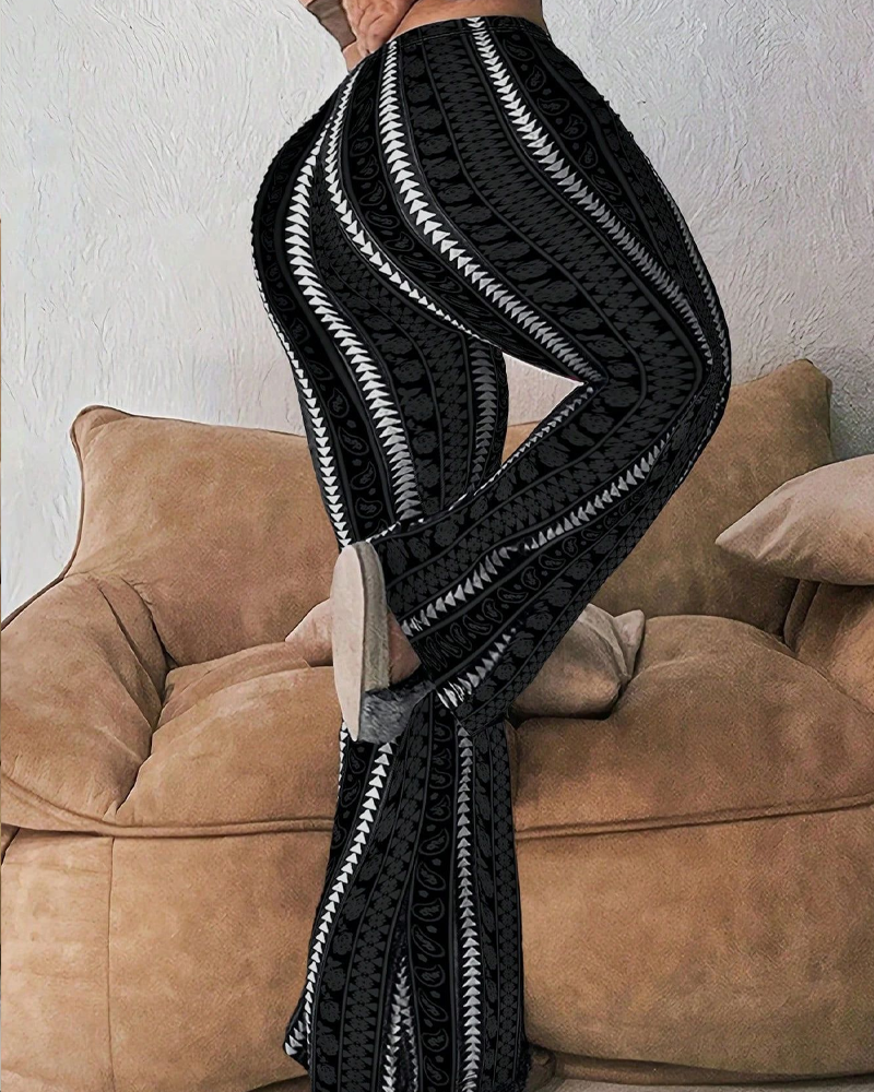 Elastic Striped Geometric Print Flared Pants