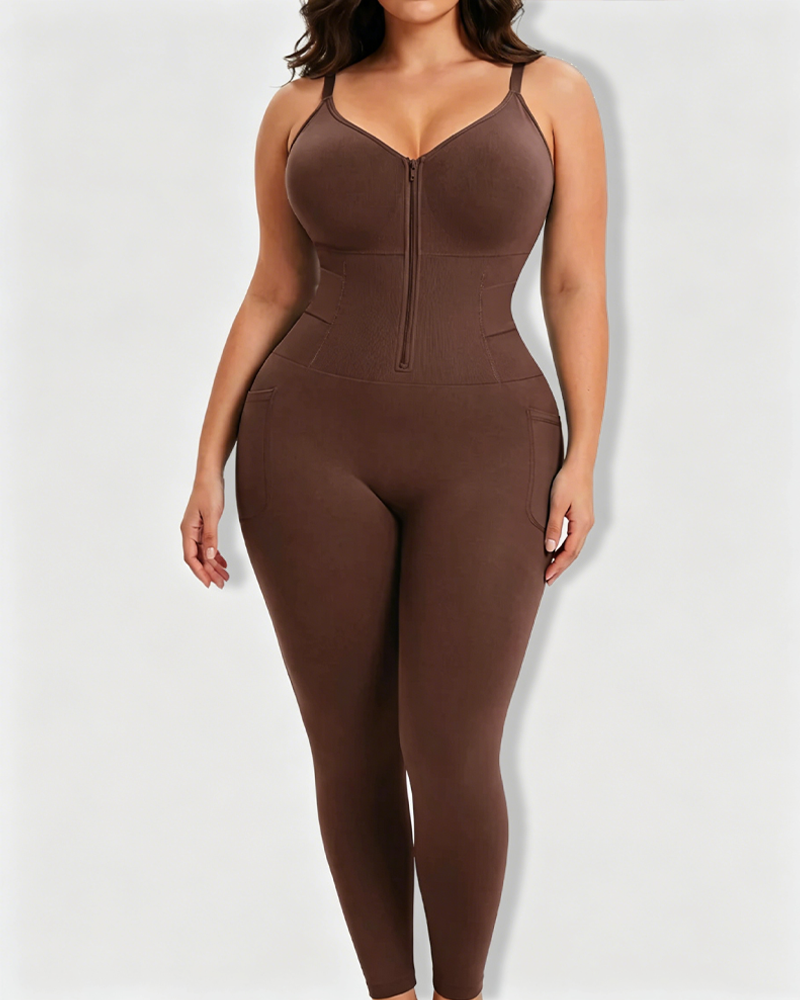 Front Zip Back Opening Butt Lift Pocket Legging Bodysuit Shapewear（Pre-Sale）