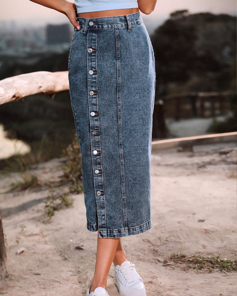 Irregular Slit Denim High-Waisted Midi Skirt-Curvy-Faja