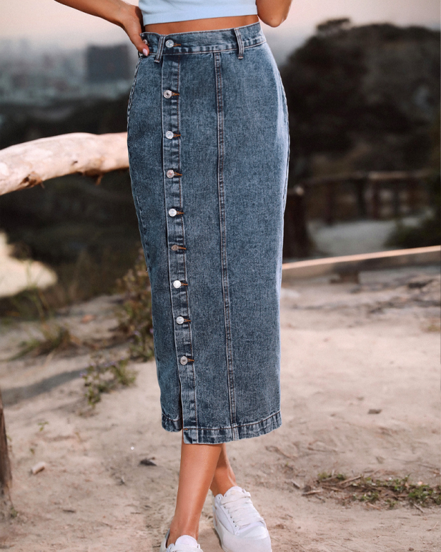 Irregular Slit Denim High-Waisted Midi Skirt-Curvy-Faja