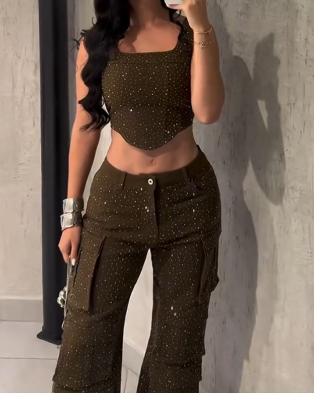 Rhinestone Suspender  Overalls Pants Set（Pre-Sale）