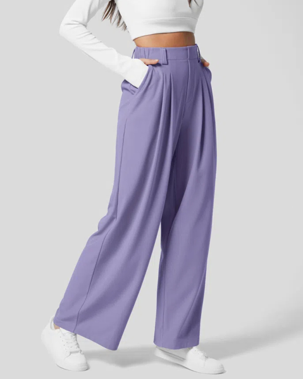 High Waisted Plicated Side Pocket Wide Leg Waffle Work Pants