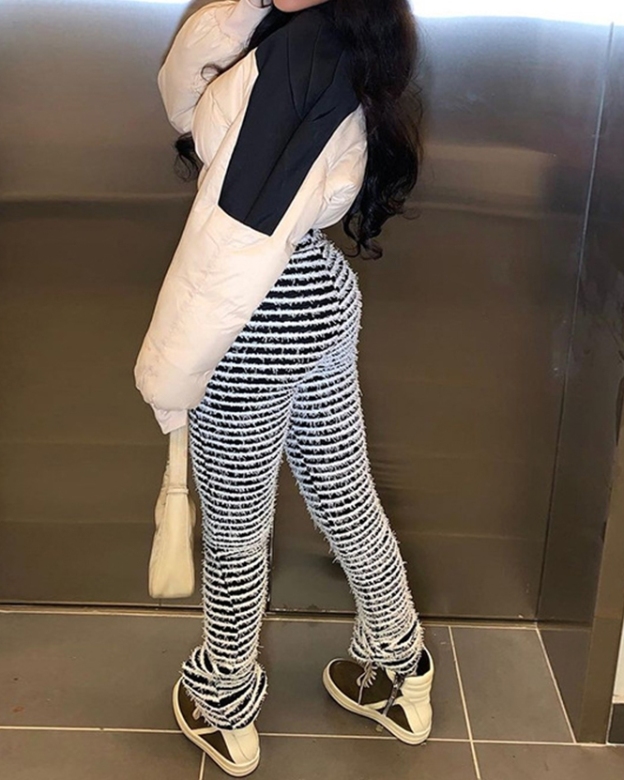 Sexy High-Waisted Striped Knit Patchwork Long Trousers