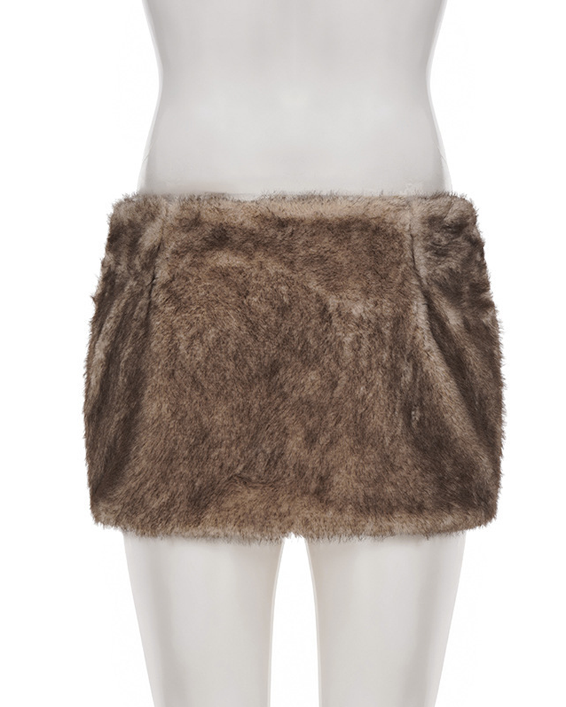Faux Fur Side Pleats Low-Waisted Sexy Bodycon Skirt