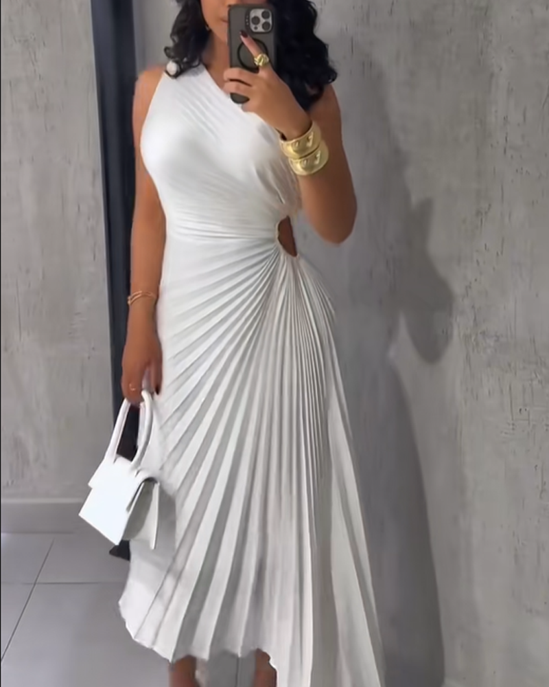 Pleated One Shoulder Asymmetrical Neckline Solid Color Dress