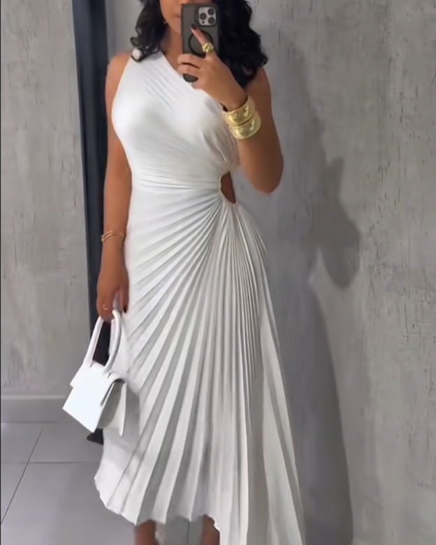 Pleated One Shoulder Asymmetrical Neckline Solid Color Dress