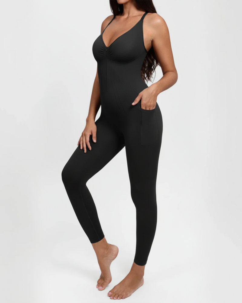 Front‑Zipper Deep‑V Adjustable Straps Shapewear Jumpsuit（Pre‑Sale）