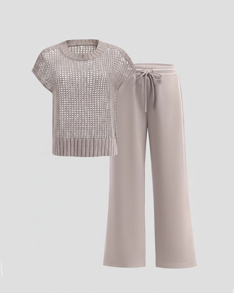 Crochet Knit Tulle Round Neck Short Sleeve Sweater Wide‑Leg Pants Set