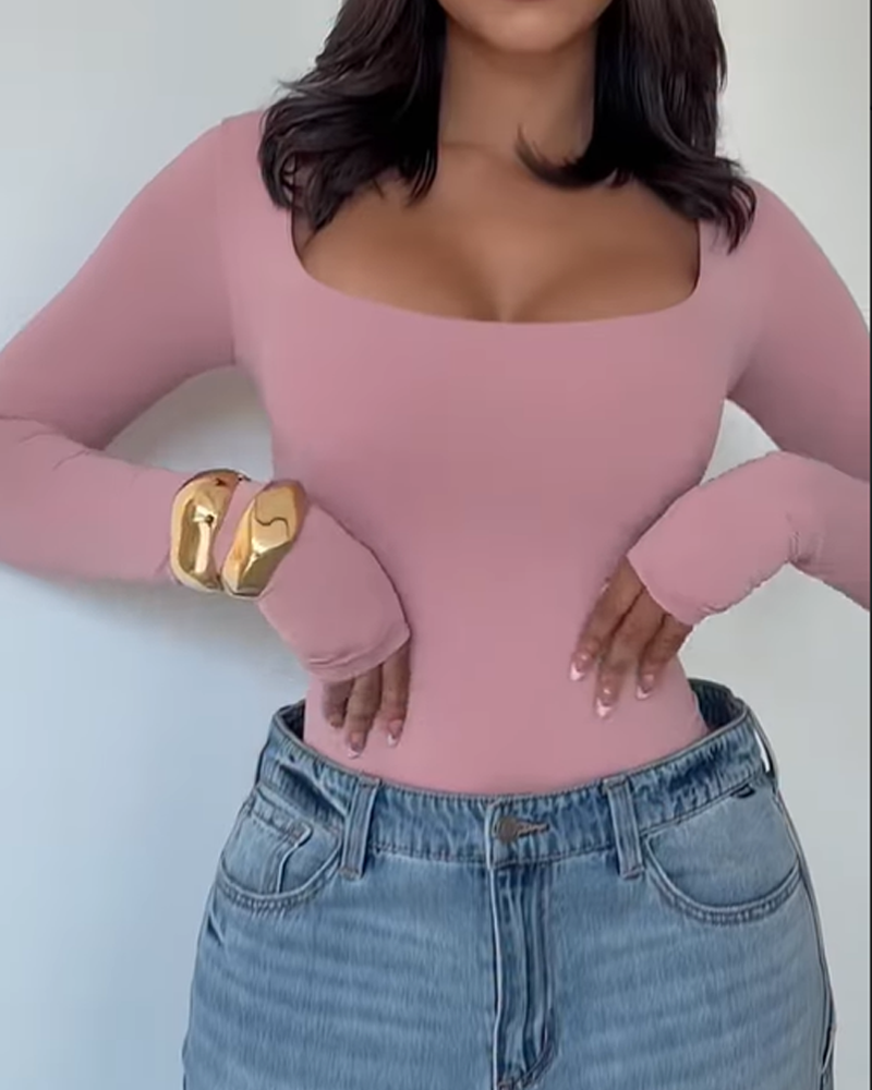Square Neck Slim Tummy Control Long Sleeve Bodysuit（Pre-Sale）