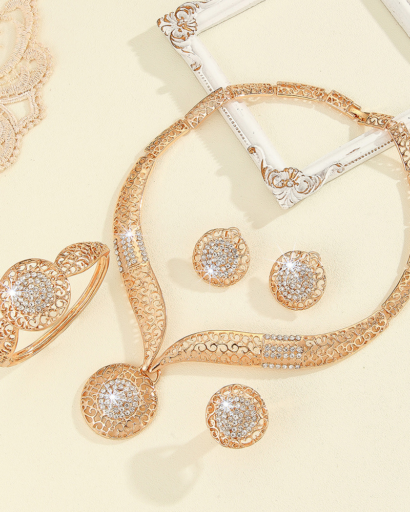 Diamond Circle Necklace Earrings Ring Bracelet Four-Piece Set-Curvy-Faja