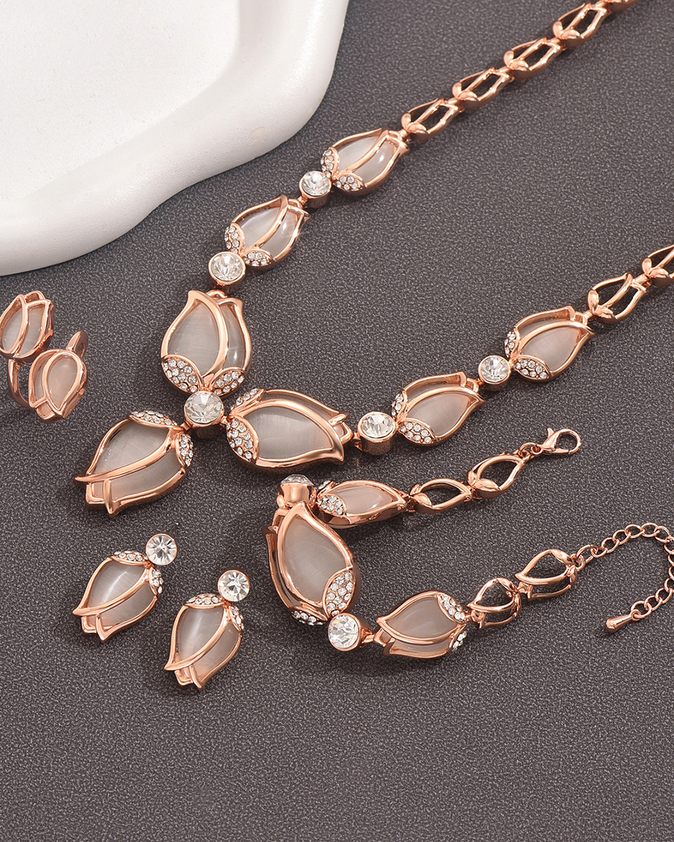 Gold Opal Tulip Necklace Earrings Bracelet Ring 4 Piece Set-Curvy-Faja