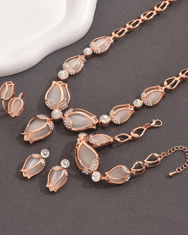 Gold Opal Tulip Necklace Earrings Bracelet Ring 4 Piece Set-Curvy-Faja