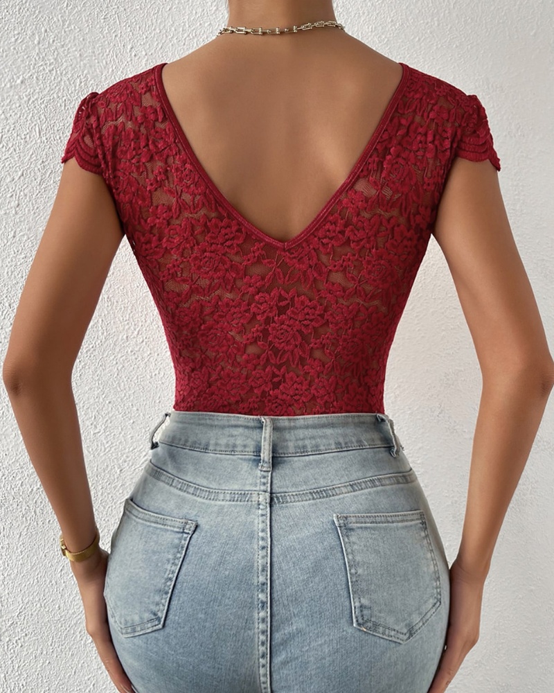 Sexy Deep V Neck Lace Short Sleeve One Piece Bodysuit-Curvy-Faja