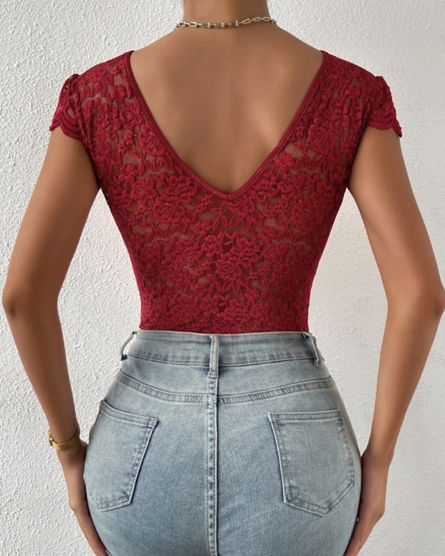 Sexy Deep V Neck Lace Short Sleeve One Piece Bodysuit-Curvy-Faja