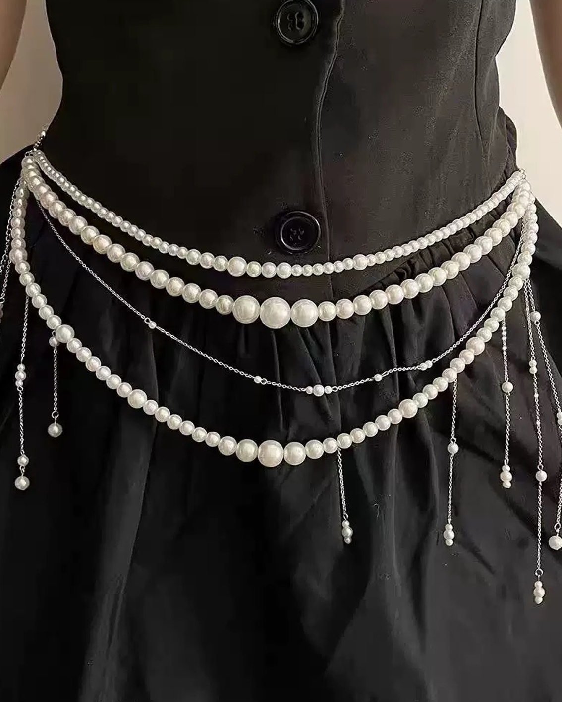 Stacked Tassel Pearl Beaded Waist Necklace