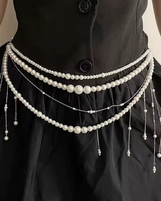 Stacked Tassel Pearl Beaded Waist Necklace