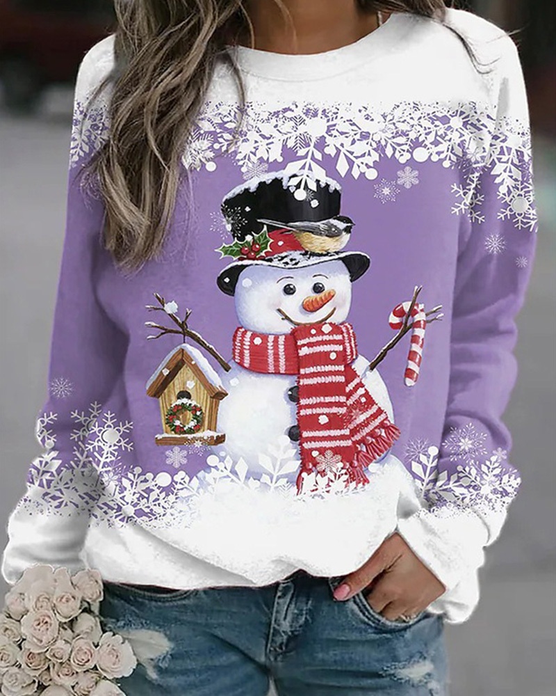 Christmas Snowman Print Round Collar Long Sleeves-Curvy-Faja