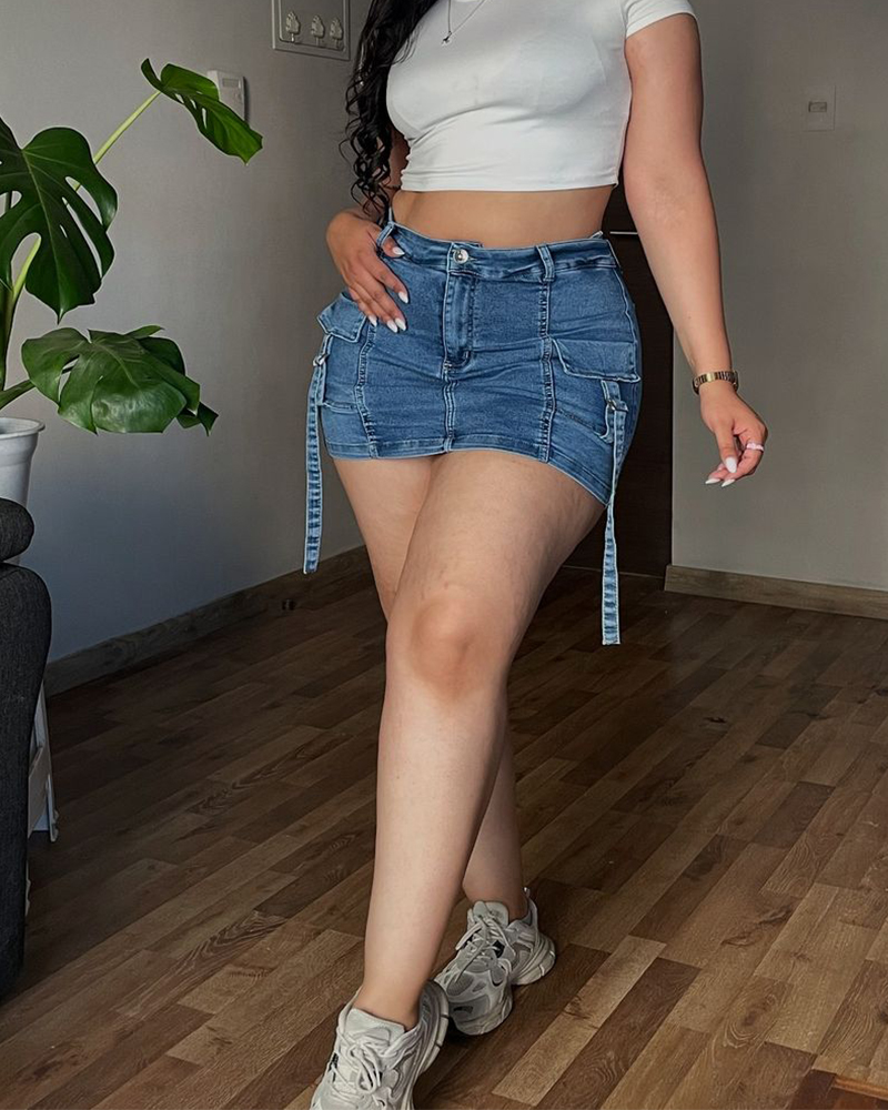 Lined Denim Cargo Shorts Skirt-Curvy-Faja