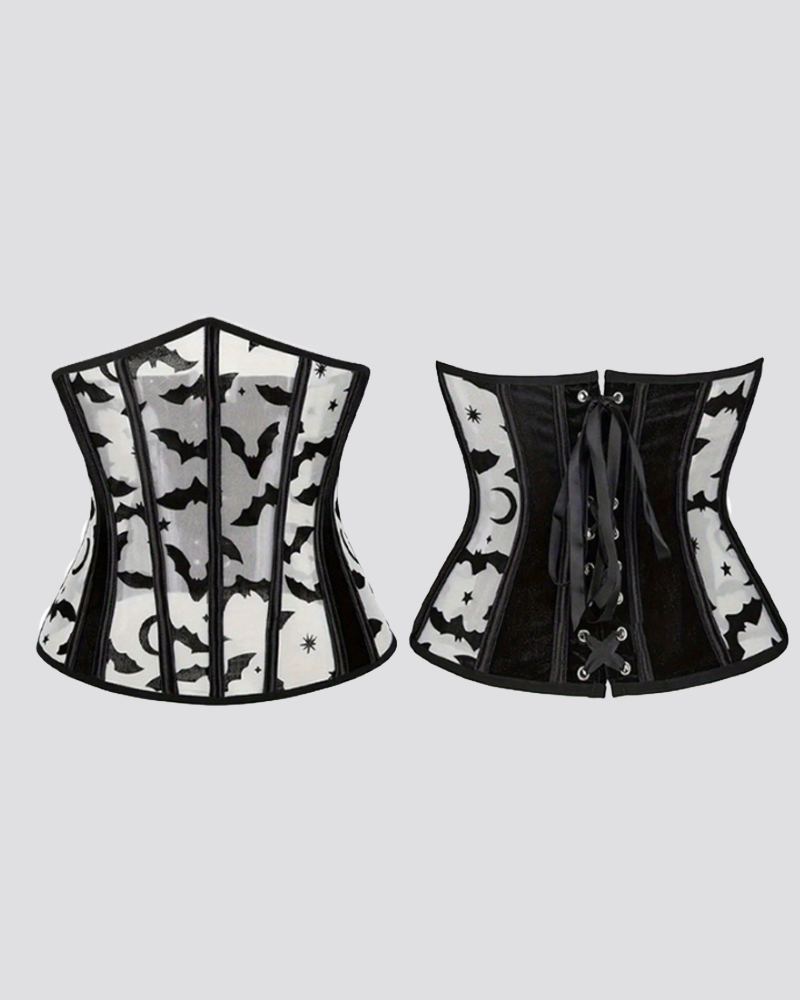 Halloween Bat Starry Sky Print Tie Sheer Mesh Waist Trainer Shapewear