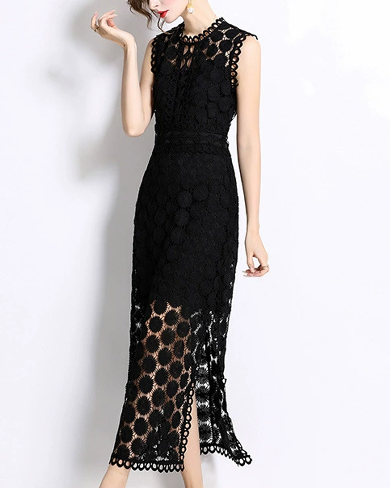 Round Neck Sleeveless Fitted Waist Double Slit Hollow Water-Soluble Lace Dress