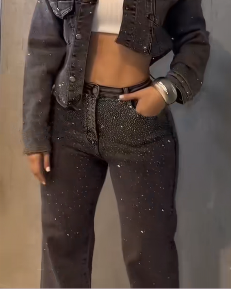 Dark Gray Diamond Studded Straight Leg Jeans (Pre-Sale)