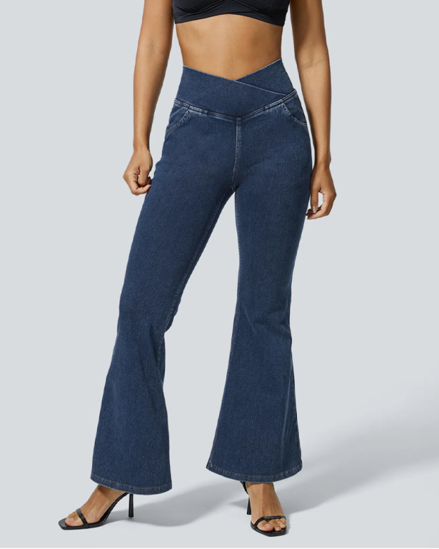 High-Waisted Crossover Flared Jeans