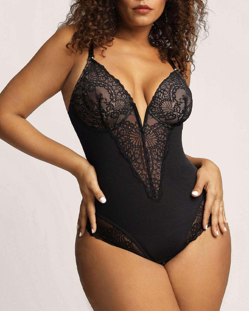 Deep V-Neck Shaping Lace Bodysuit