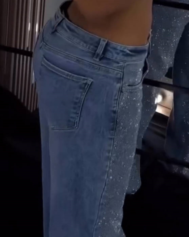 Women's Rhinestone Jeans Wide Leg Flare Denim Pants High Waist Sparkle Shiny Sequin Glitter Trouser