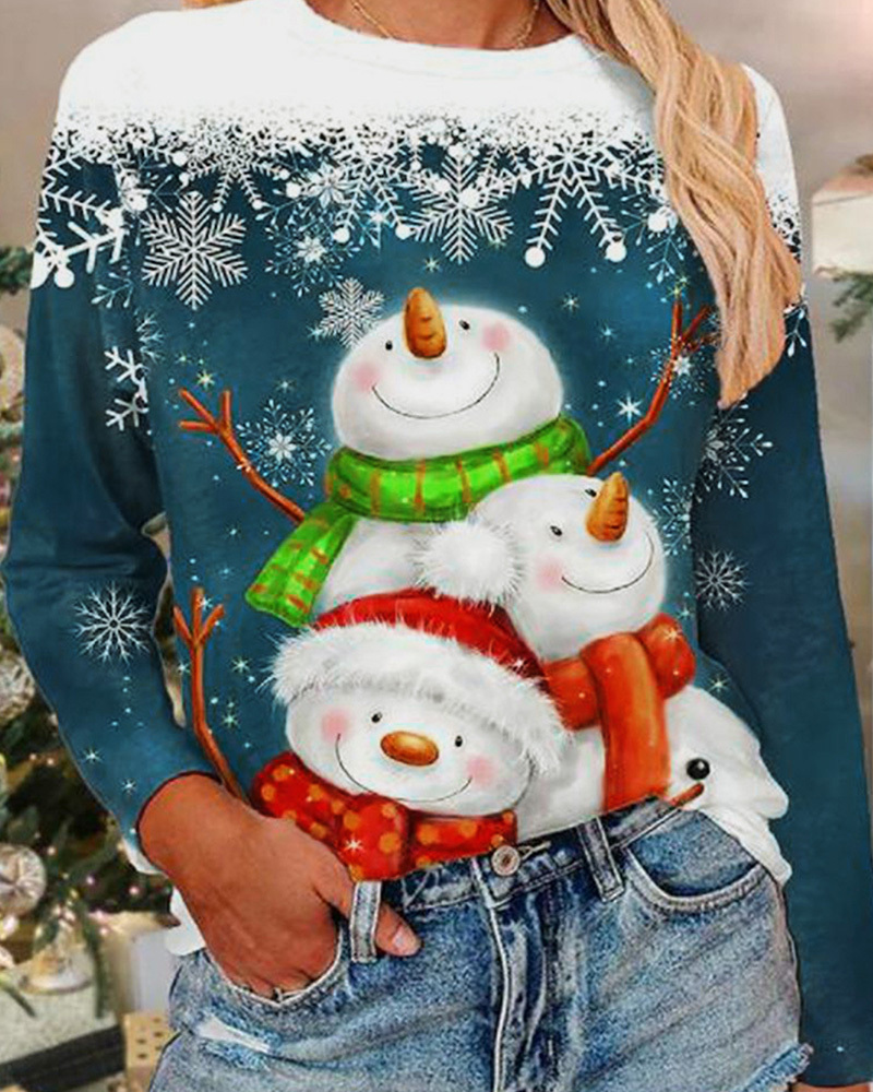 Christmas Casual Crew Neck Long Sleeve T-Shirt Top-Curvy-Faja