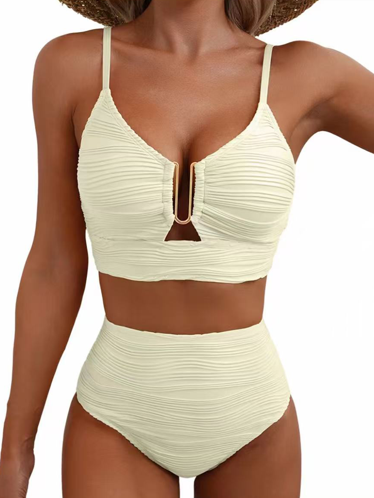 Two-Piece Bikini Set U-Shaped Underwire Hollow High Waist Textured Swimsuit
