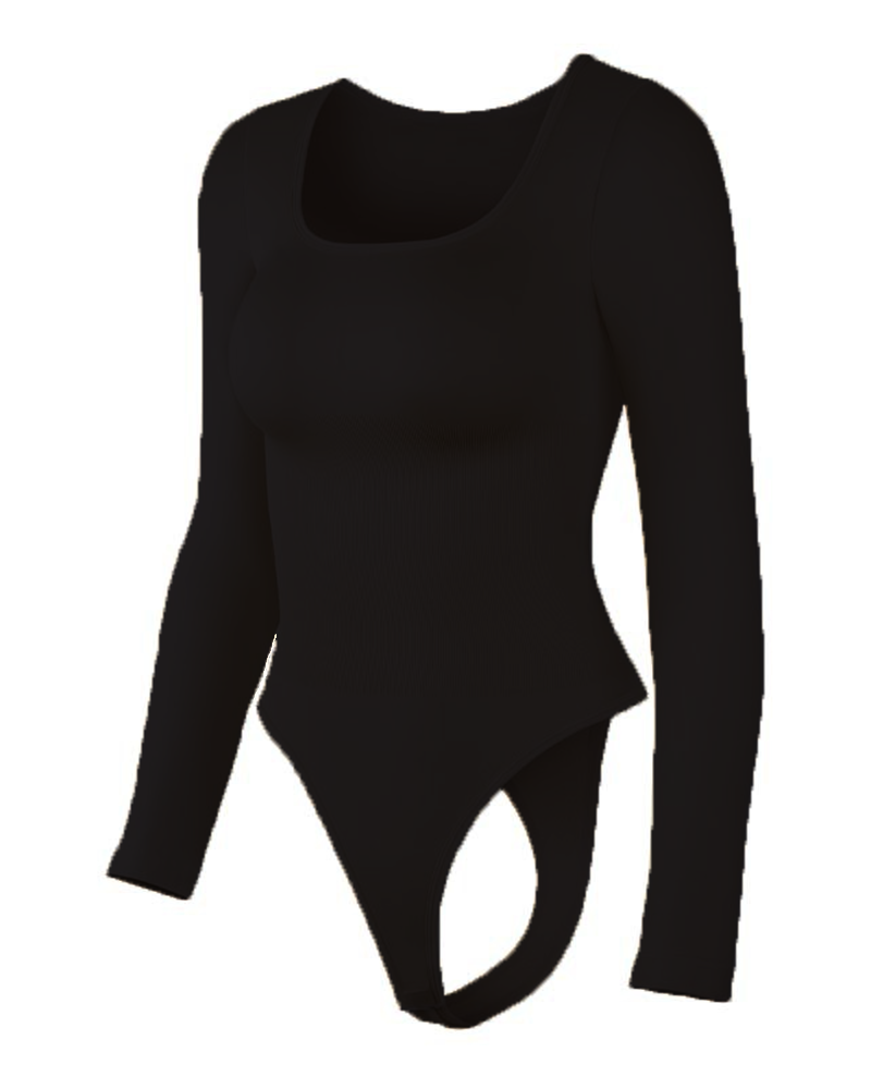 Long-Sleeved Square Neck Slim Waist Bodysuit-Curvy-Faja