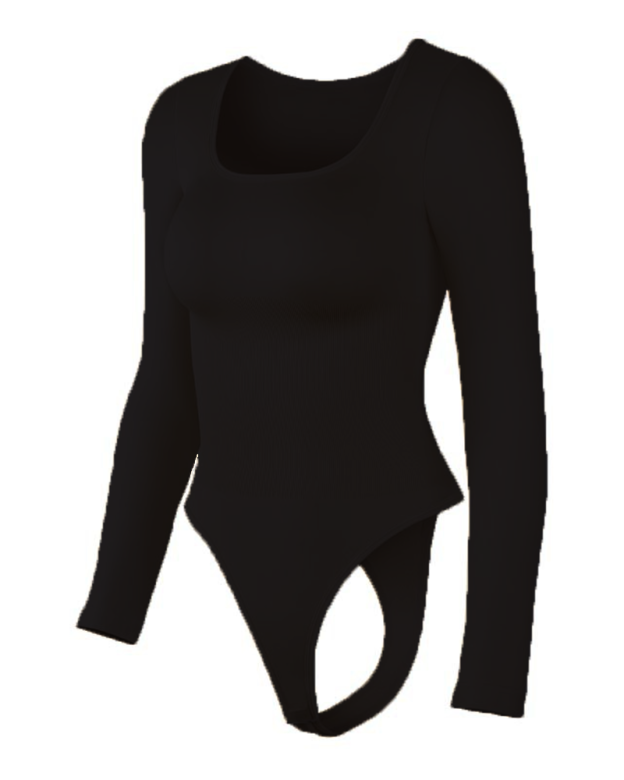 Long-Sleeved Square Neck Slim Waist Bodysuit-Curvy-Faja