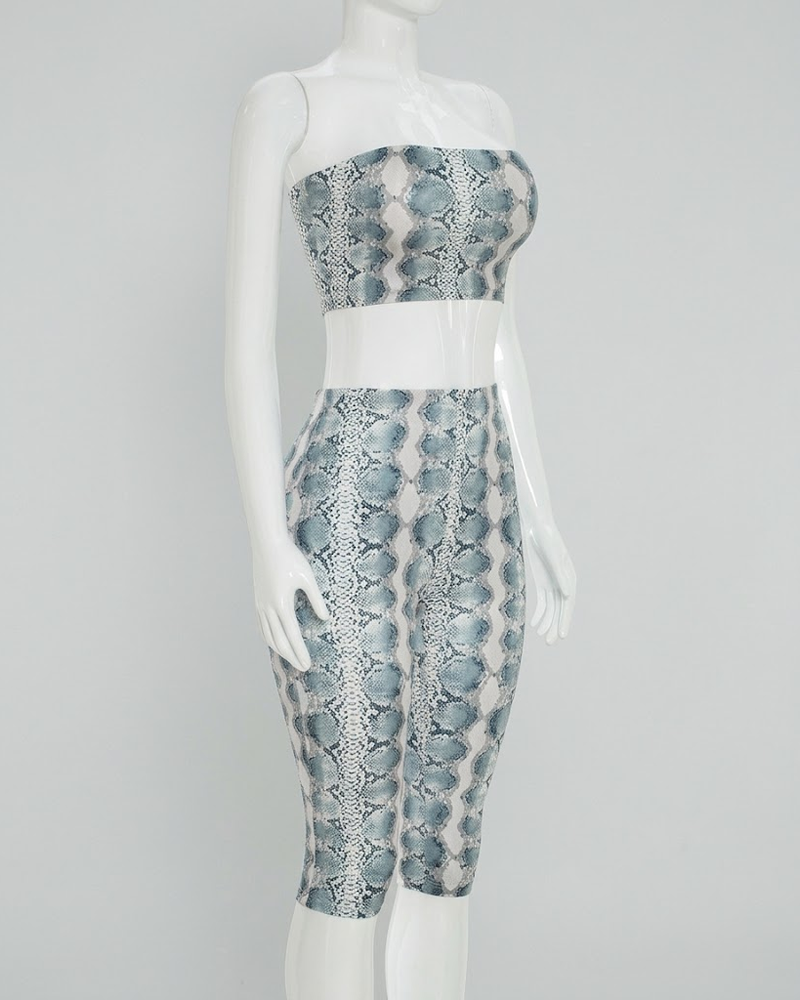 Snake Print Tube Top Skinny Capri Pants 2 Piece Outfit Set