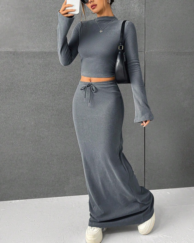 Solid Color Long-Sleeved Slim-Fit Base Layer Bodycon Long Skirt Set