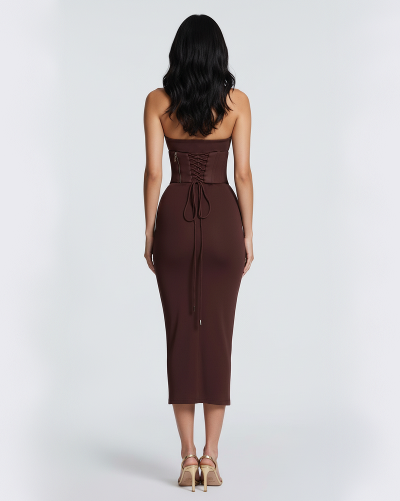 Halter Tie Boned Corset Midi Bodycon Evening Dress