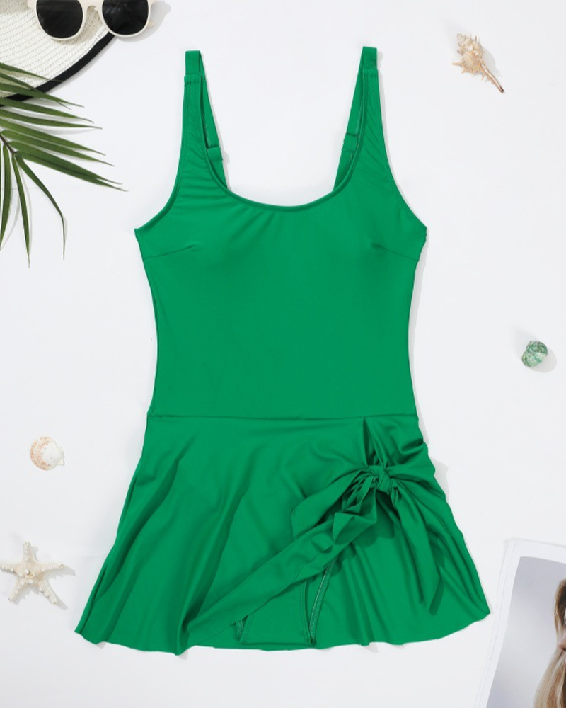 Asymmetrical Hem Pleated And Knotted One-Piece Swimsuit For Beach Vacation