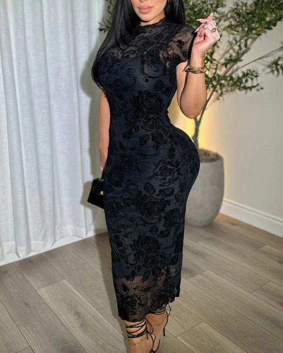 Women's Sheer Mesh Sexy Bodycon Dress with Retro Prints-Curvy-Faja