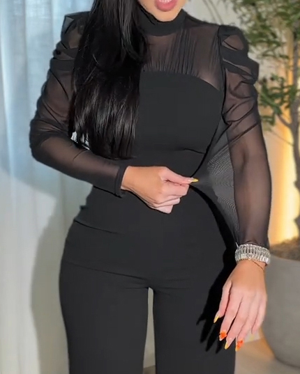 Sheer Mesh Stand Collar Slimming Wide Leg Jumpsuit-Curvy-Faja