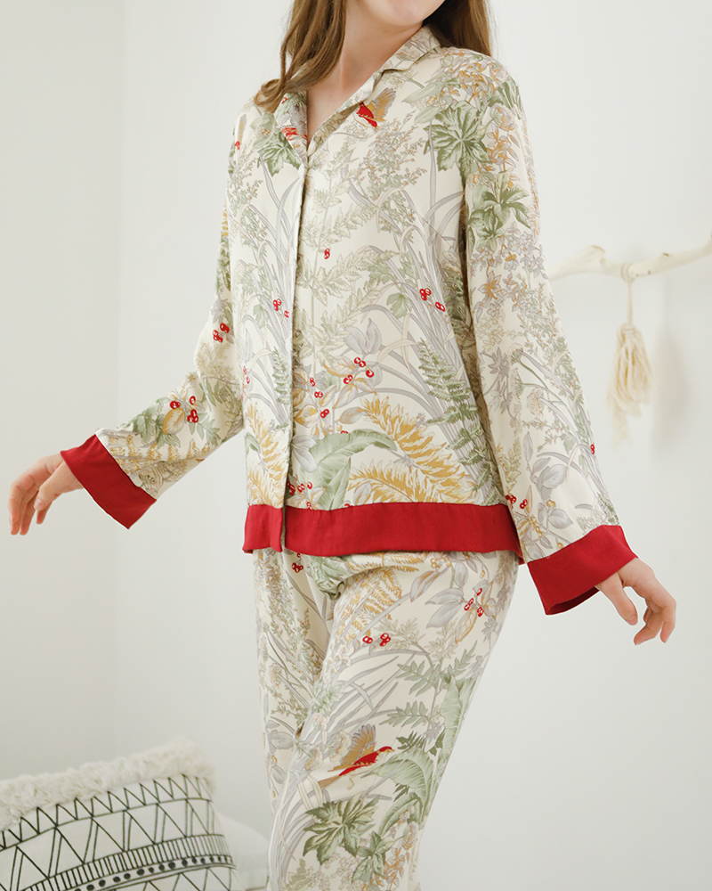 Contrast Color Plant Ice Silk Pajamas Set