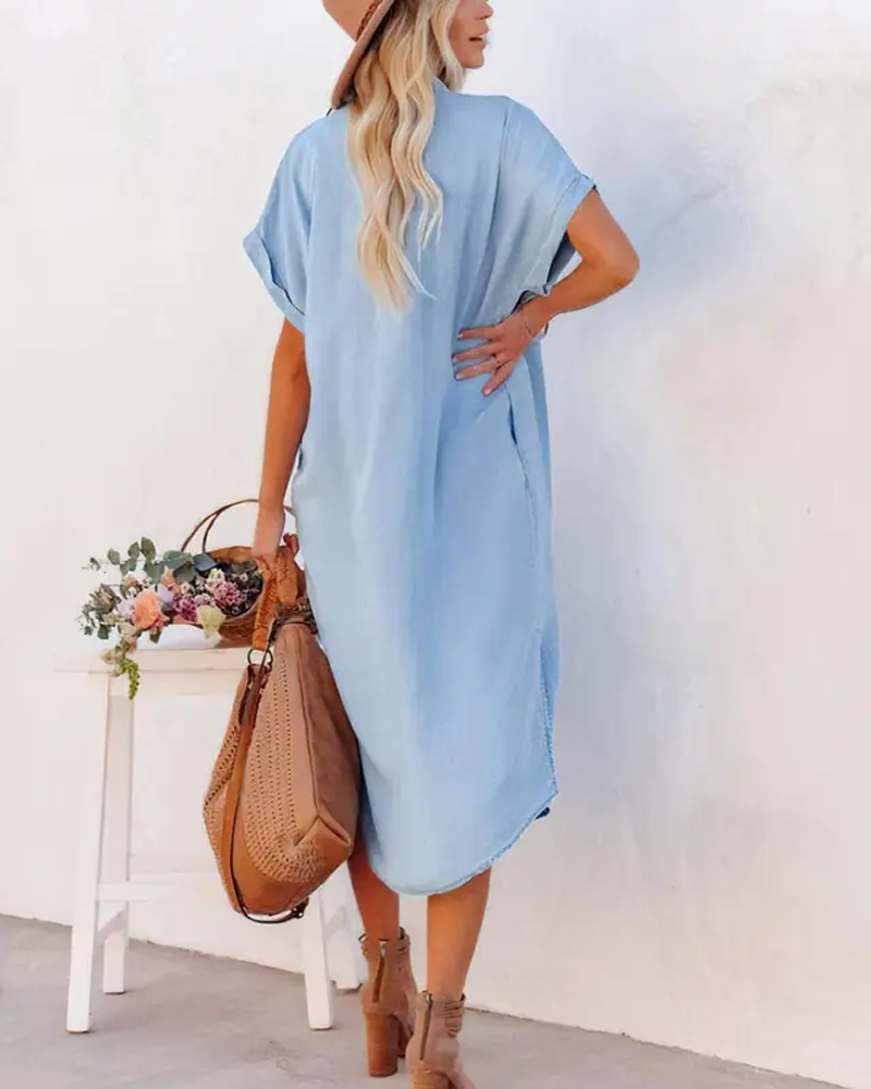 Denim Short Sleeve Button Down Long Dress With Side Split