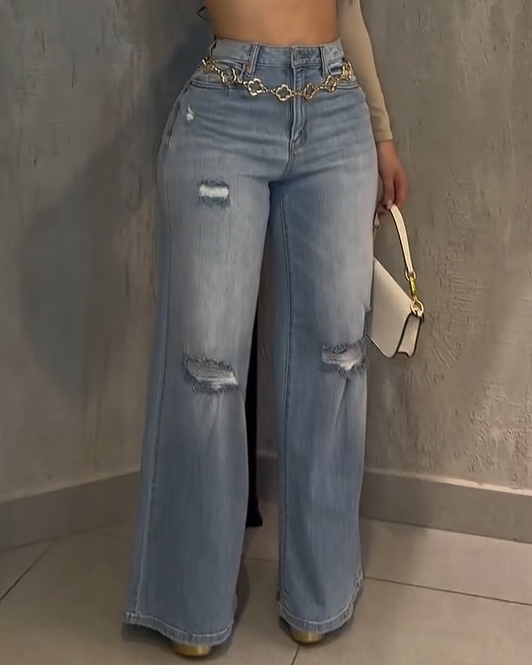 Women's High-Stretch Ripped Wide-Leg Jeans（Pre-Sale）