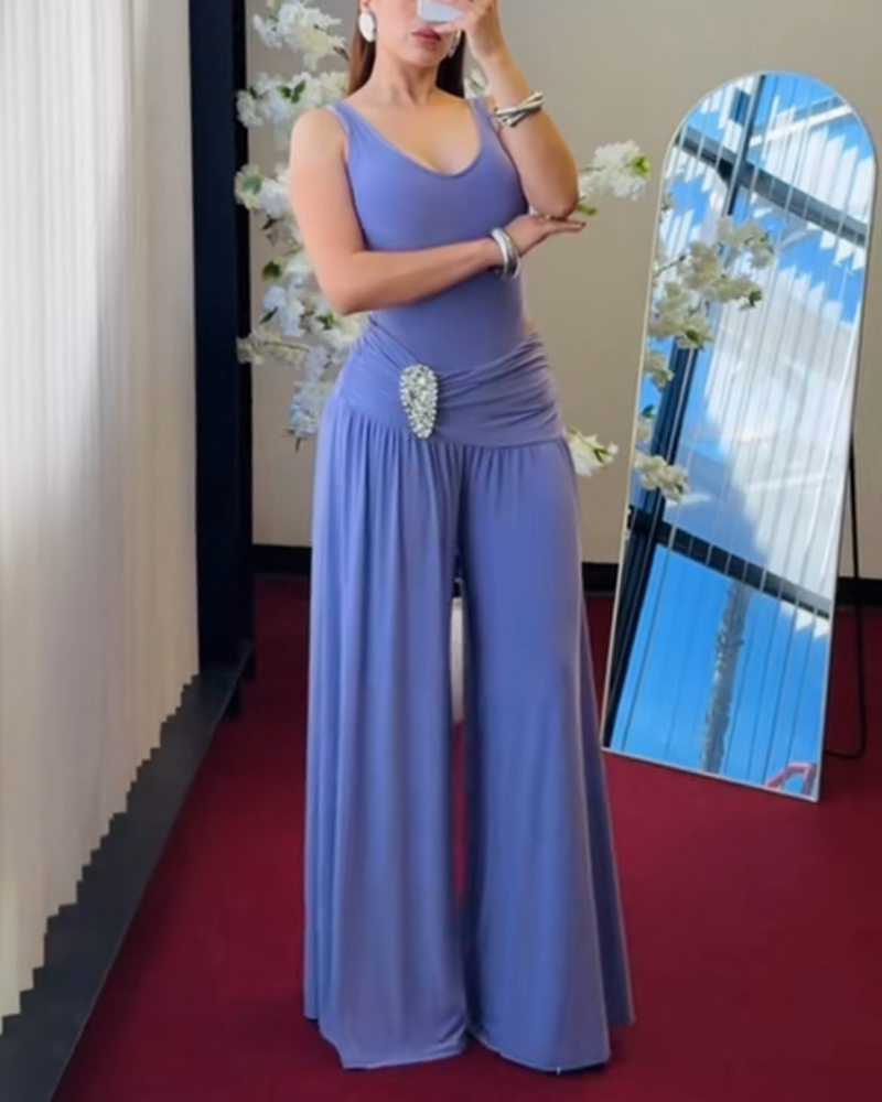 Tank Bodysuit Rhinestone Waist Draped Wide Leg Pants Two Piece Set
