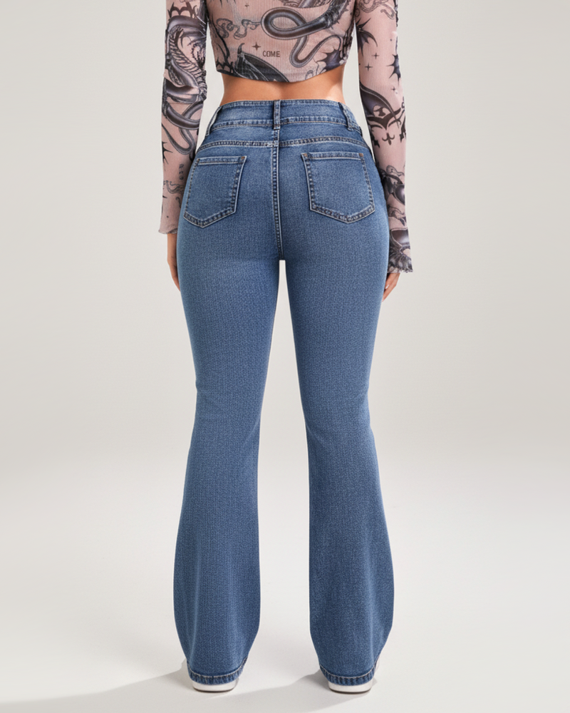 High Waist Casual Stretch Slim Fit Flare Jeans With Pockets Fashion Denim Pants