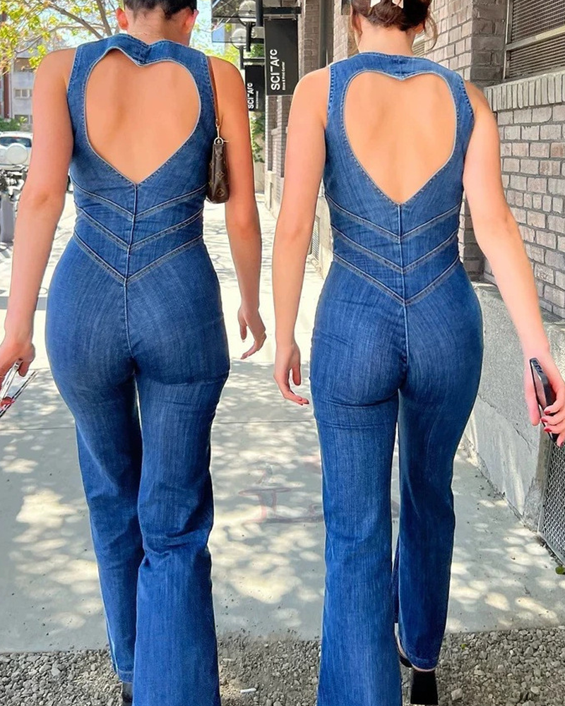 Zippered Slim Fit Sleeveless Fashion Street Jumpsuit Denim