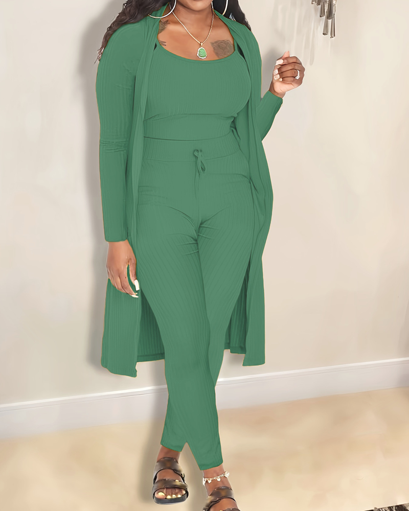 Casual Knitted Long Cardigan Vest And Pants Three Piece Set