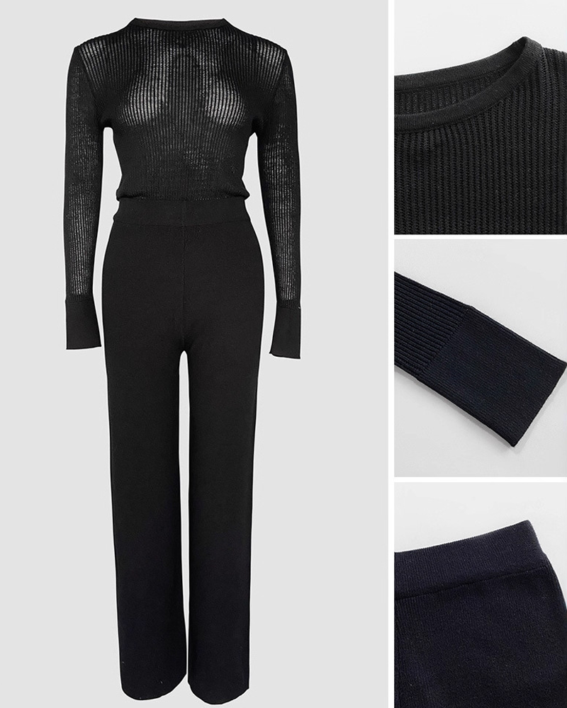 Black Vertical Ribbed Sheer Knit Top Wide Leg Pants Fashion 2 Piece Outfit Set