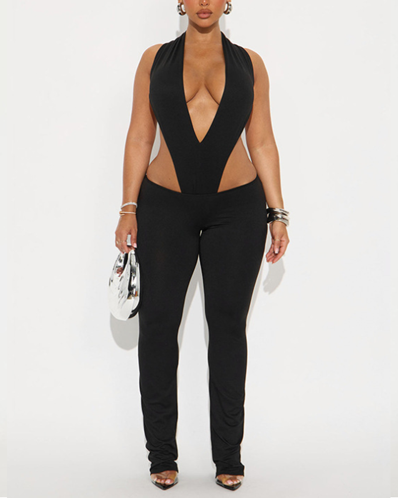 Sexy Deep V Sleeveless Bodysuit Low-Waisted Flared Pants Yoga
